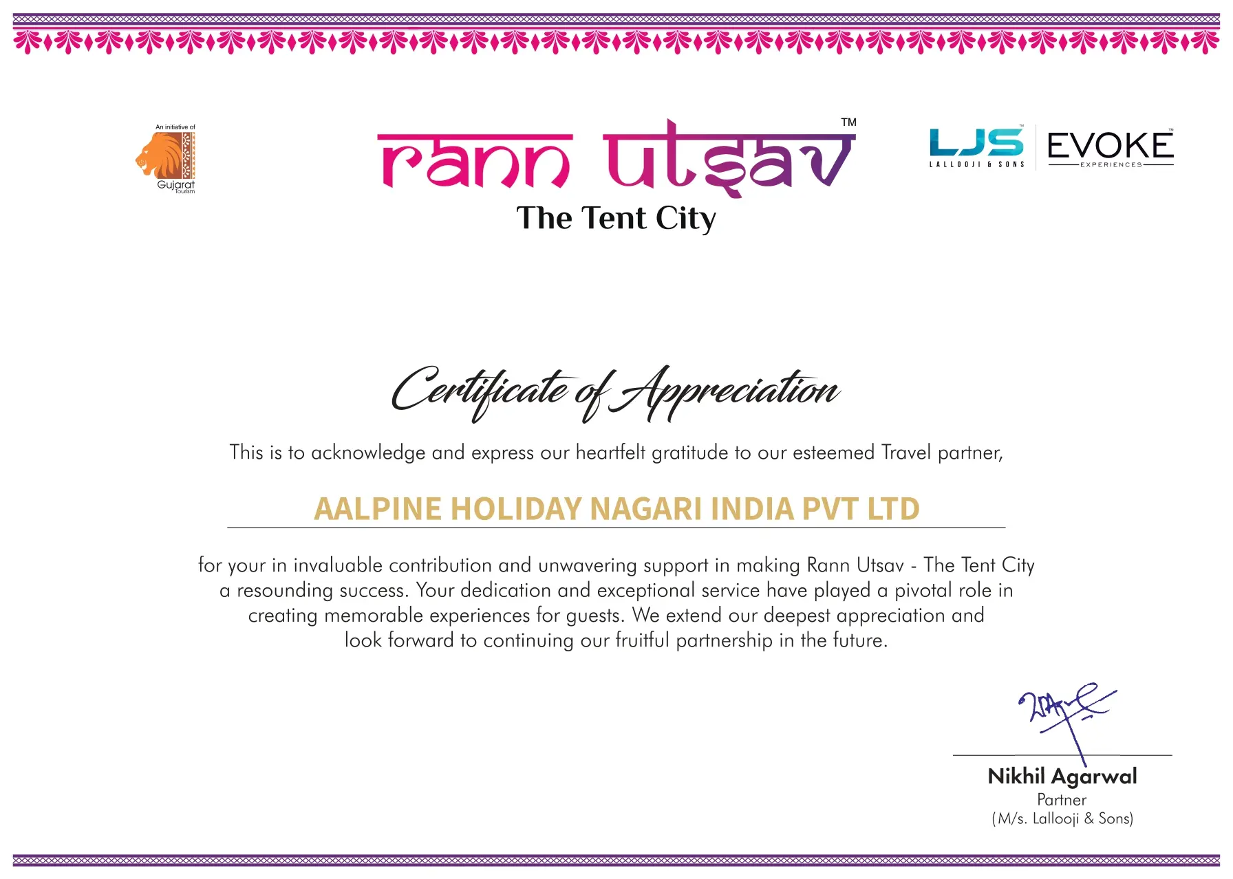 Rann Utsav Certificate of Aalpine Holiday