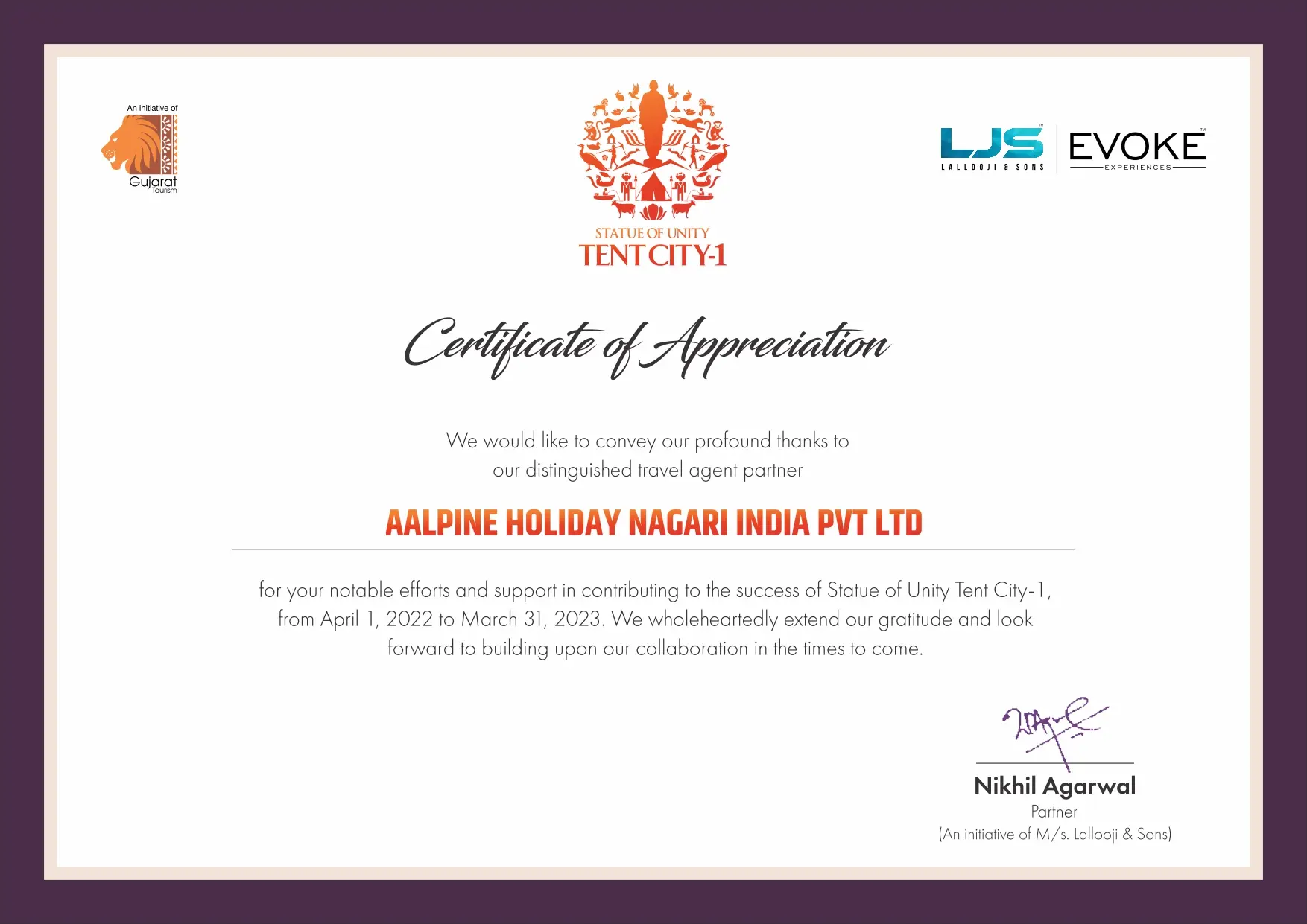 Statue of unity tent city 1 certificate